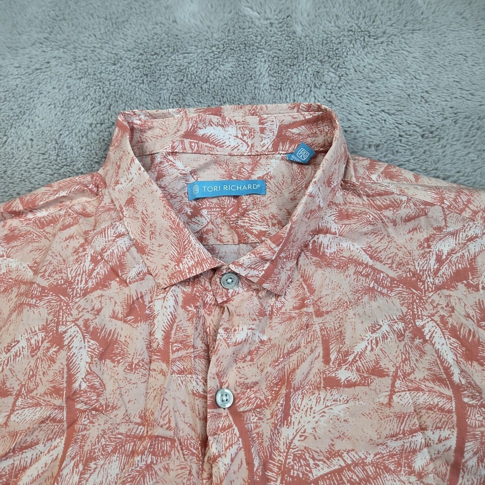 Tori Richard Button Down Shirt Mens XL Palm Leaf Print Cotton Lawn Coral Cream
